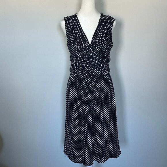 Travel Smith Navy White Polka Dot Twist Front Sleeveless Midi Dress Size L - Picture 2 of 6